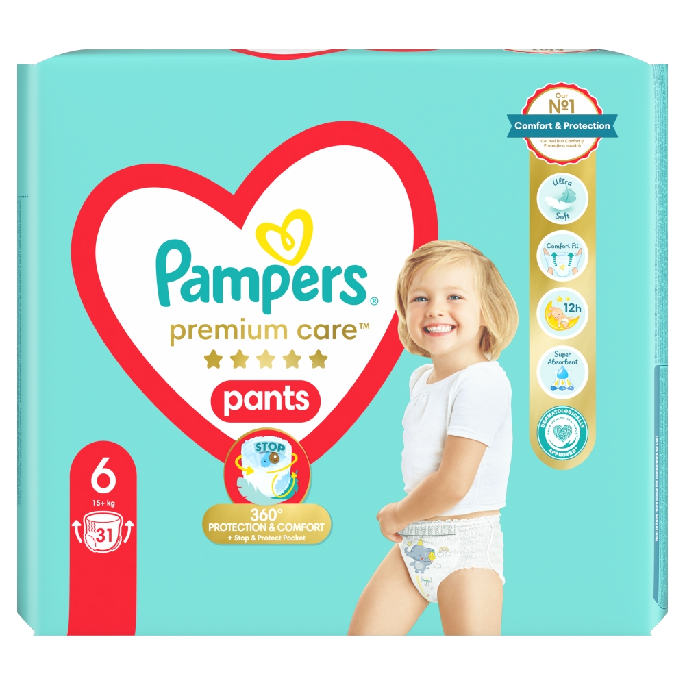 PAMPERS PREMIUM CARE Pieluchomajtki rozmiar 6, 15+ kg 31 szt.