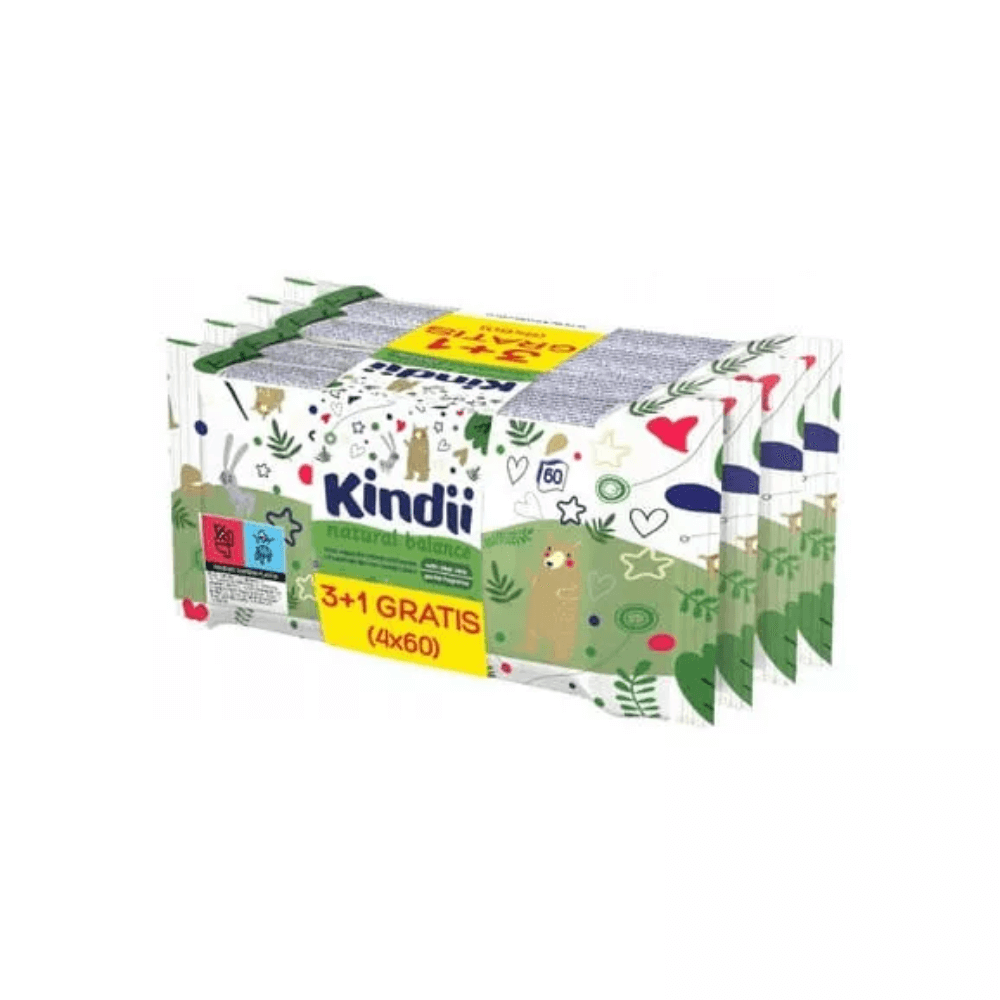KINDII NATURAL BALANCE Chusteczki dla dzieci 3+1 GRATIS 4x60 szt.
